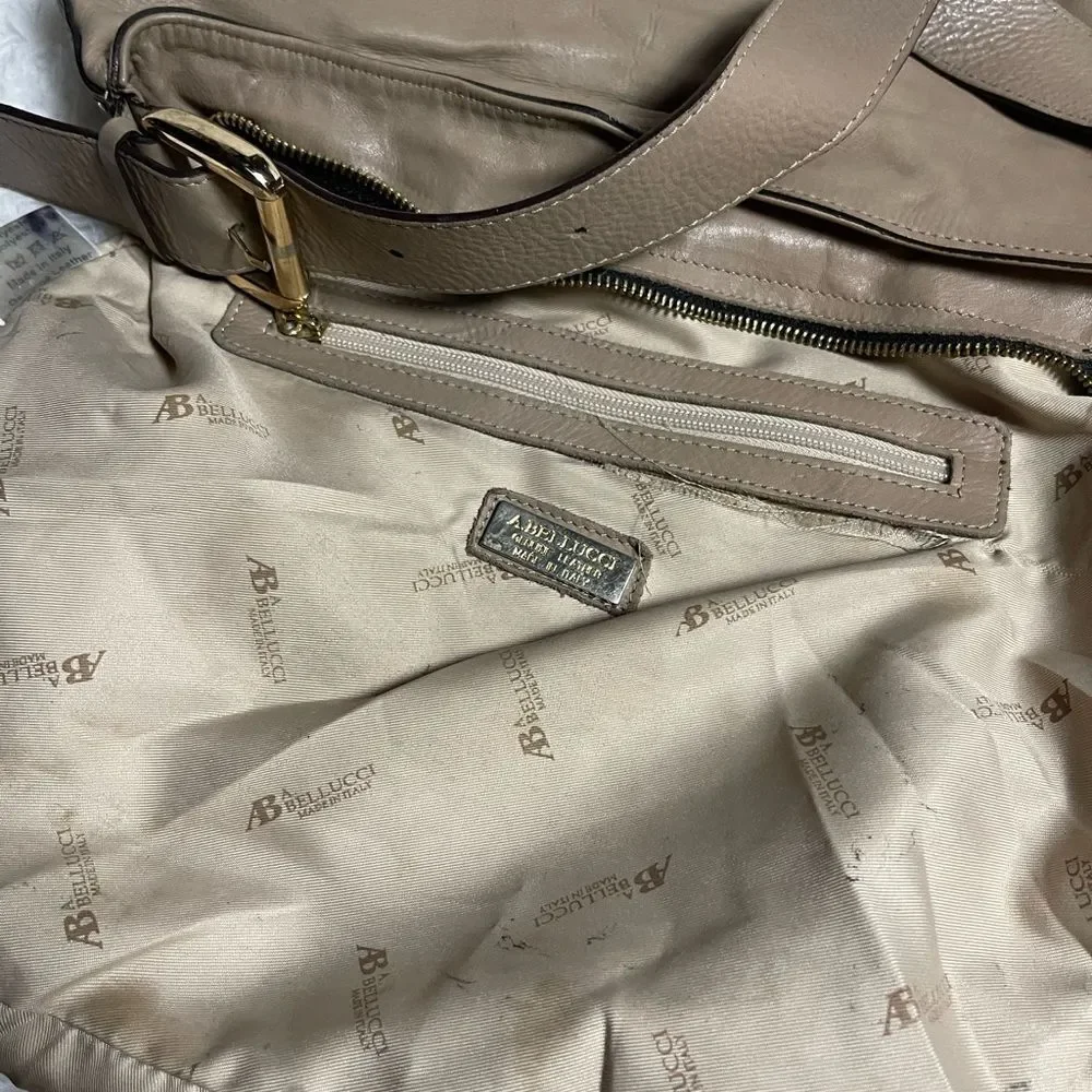 A. Bellucci leather Khaki Satchel with patch work accents, gay, burgundy &black.